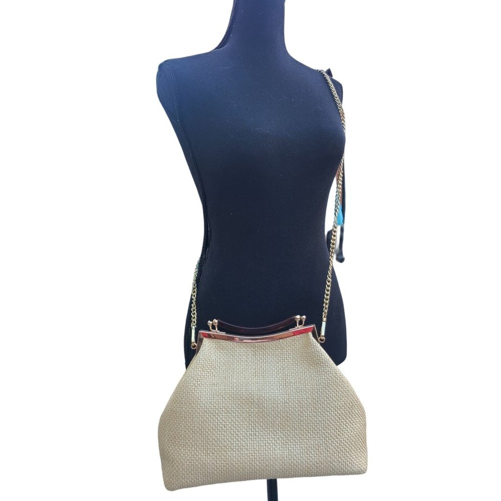 Stella Bianca Made in Italy Leather Woven Kiss Lock Crossbody Yellow